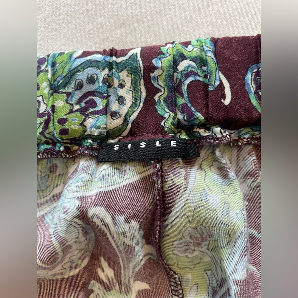 Sisley Burgundy and Green Paisley Wide-Leg Pants size 2 - Picture 7 of 7